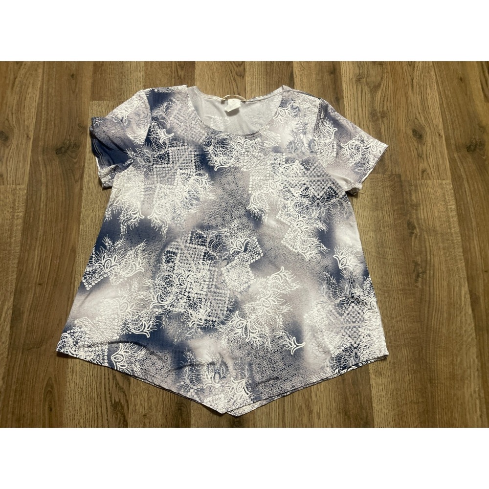 Rue Juju Petite Shirt, Women's Petite Large, Blue White Grey, Short Sleeve